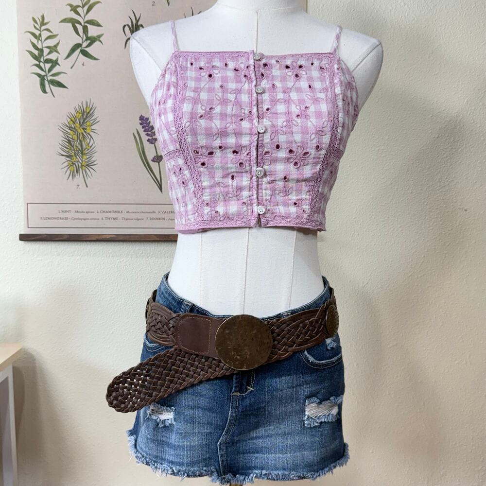 American Eagle Gingham Embroidered Crop Top Cottage Coquette Coastal Prairie XS